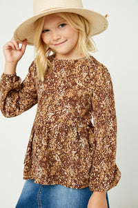 GJ3142 Brown Girls Ditsy Print Long Sleeve Babydoll Top Front