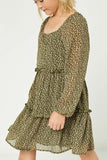 GJ3146 Olive Girls Tiered Ditsy Print Long Sleeve Dress Close Up