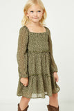 GJ3146 Olive Girls Tiered Ditsy Print Long Sleeve Dress Front