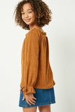 GJ3149 Mustard Girls Ribbed Off Shoulder Tie Sleeve Detail Top- Back