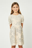 GJ3154 Cream Girls Textured Lurex Leopard Ruffled Dress Front