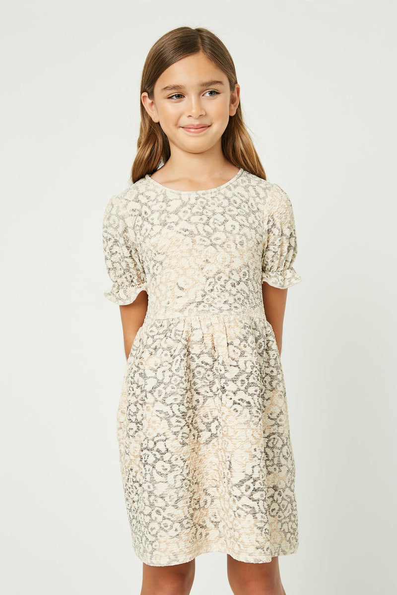 GJ3154 Cream Girls Textured Lurex Leopard Ruffled Dress Front