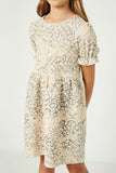 GJ3154 Cream Girls Textured Lurex Leopard Ruffled Dress Detail