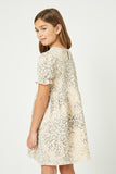 GJ3154 Cream Girls Textured Lurex Leopard Ruffled Dress Back