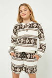 GJ3193 Brown Girls Holiday Print Fleece Drawstring Shorts Front