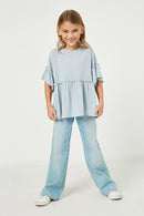 GJ3197 Light Blue Girls Ruffle Detail Peplum Knit Top Full Body