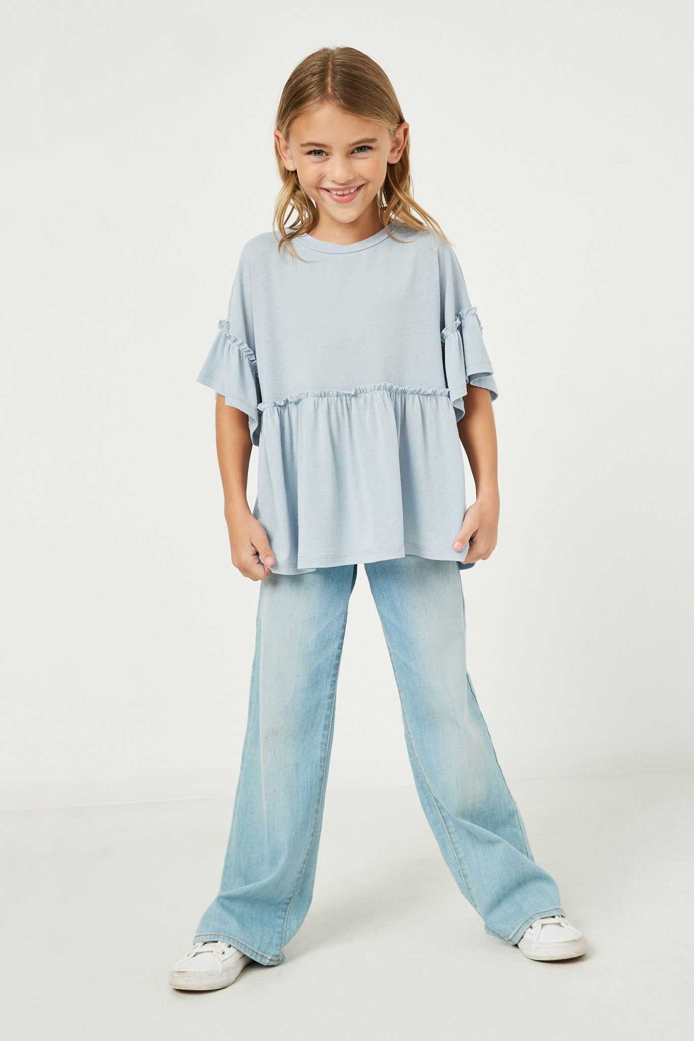 GJ3197 Light Blue Girls Ruffle Detail Peplum Knit Top Full Body
