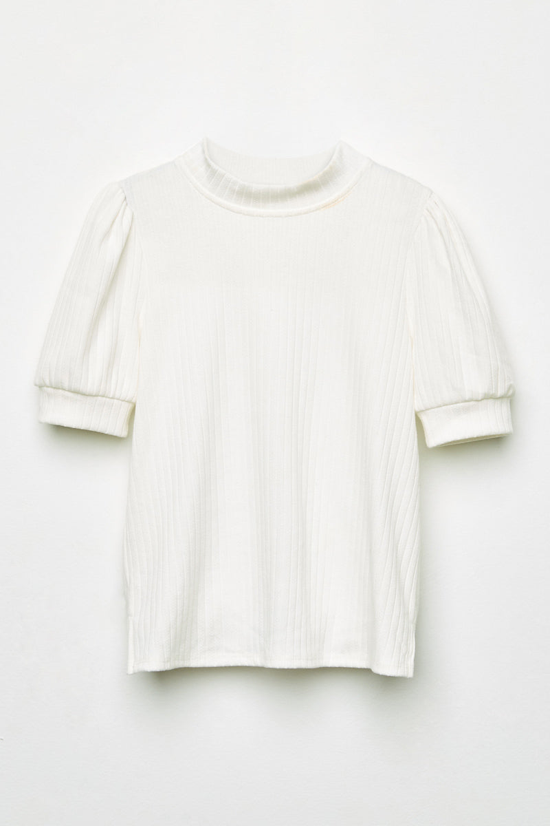 GJ3199 Off White Girls Textured Banded Neck Short Sleeve Top Front Flat