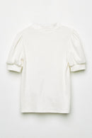 GJ3199 Off White Girls Textured Banded Neck Short Sleeve Top Back Flat