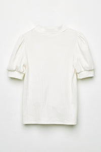 GJ3199 Off White Girls Textured Banded Neck Short Sleeve Top Back Flat