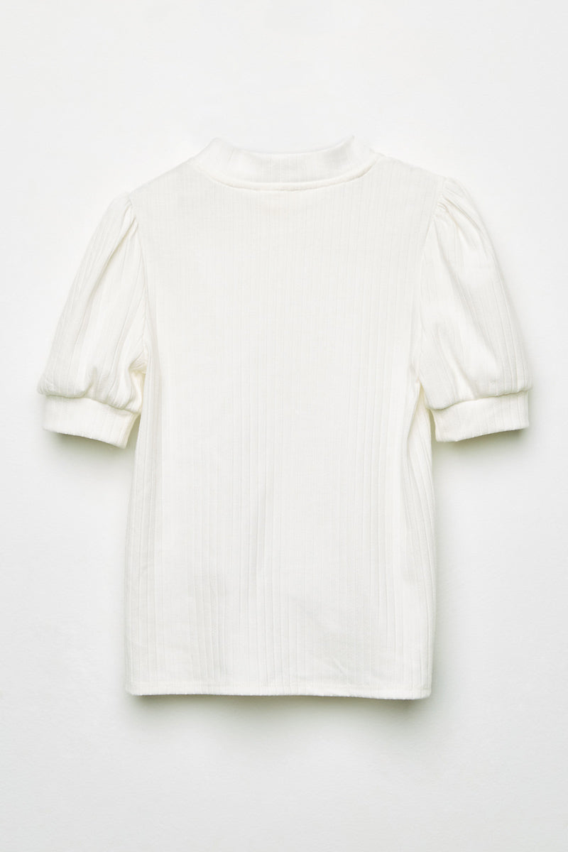 GJ3199 Off White Girls Textured Banded Neck Short Sleeve Top Back Flat