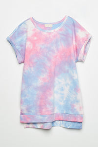 GJ3201 Light Blue Girls Tie Dye Banded Short Sleeve Tee Flat Front