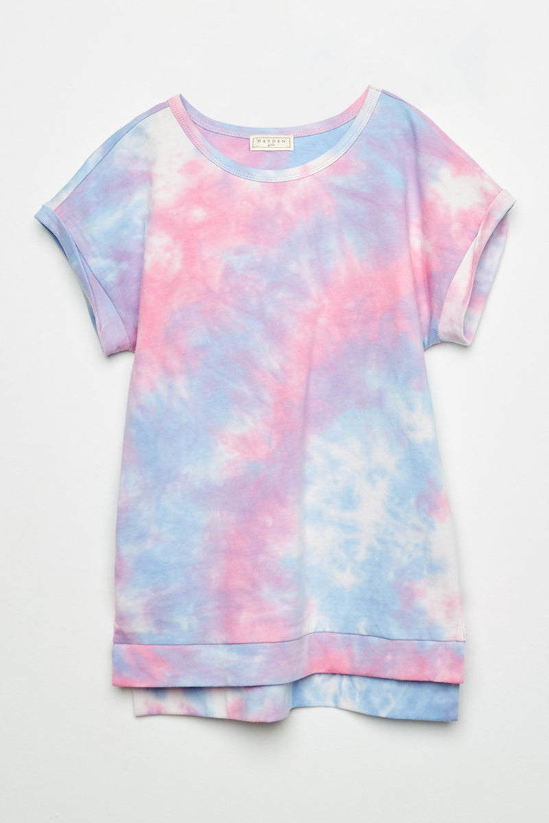 GJ3201 Light Blue Girls Tie Dye Banded Short Sleeve Tee Flat Front