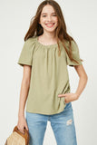 GJ3221 Olive Ruffled Wide Neck Ribbed Knit Top Front