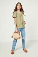 GJ3221 Olive Ruffled Wide Neck Ribbed Knit Top Full Body