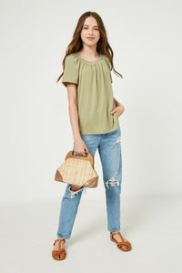 GJ3221 Olive Ruffled Wide Neck Ribbed Knit Top Full Body