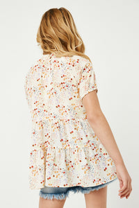 GJ3223 Ivory Girls Floral Ruffle Neck Tiered Mini Dress Back