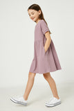 GJ3235 Purple Girls Short Sleeve Pocket Texture Rib Knit Tunic Dress Side