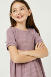GJ3235 Purple Girls Short Sleeve Pocket Texture Rib Knit Tunic Dress Close Up