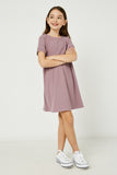 GJ3235 Purple Girls Short Sleeve Pocket Texture Rib Knit Tunic Dress Full Body