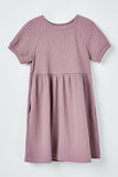 GJ3235 Purple Girls Short Sleeve Pocket Texture Rib Knit Tunic Dress Flat Front