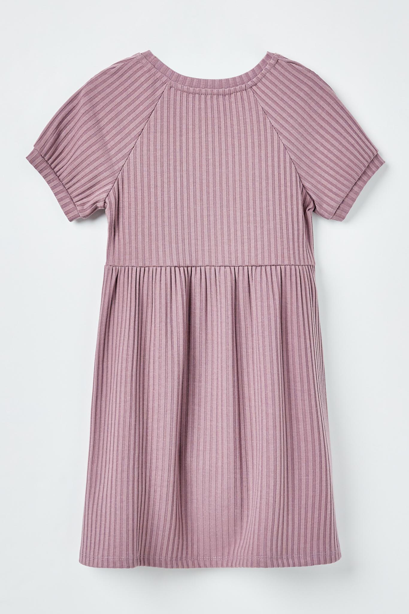 GJ3235 Purple Girls Short Sleeve Pocket Texture Rib Knit Tunic Dress Flat Back