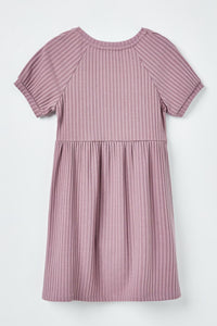 GJ3235 Purple Girls Short Sleeve Pocket Texture Rib Knit Tunic Dress Flat Back
