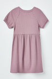 GJ3235 Purple Girls Short Sleeve Pocket Texture Rib Knit Tunic Dress Flat Back