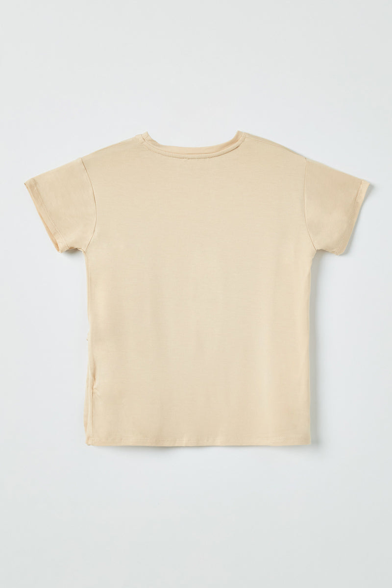 GJ3252 TAN Girls Side Ribbon Tie T Shirt Back Flat