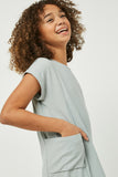 GJ3270 Sage Girls Ribbed Rolled Sleeve Pocket Mini Shift Dress Side