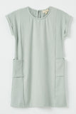 GJ3270 Sage Girls Ribbed Rolled Sleeve Pocket Mini Shift Dress Front Flat