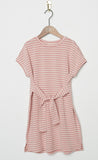 GJ3292 Pink Girls Striped Tie Waist T Shirt Dress Flat Front