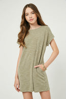 GJ3311 Olive Girls Roll Sleeve Pocketed Slub Knit Mini Dress Front