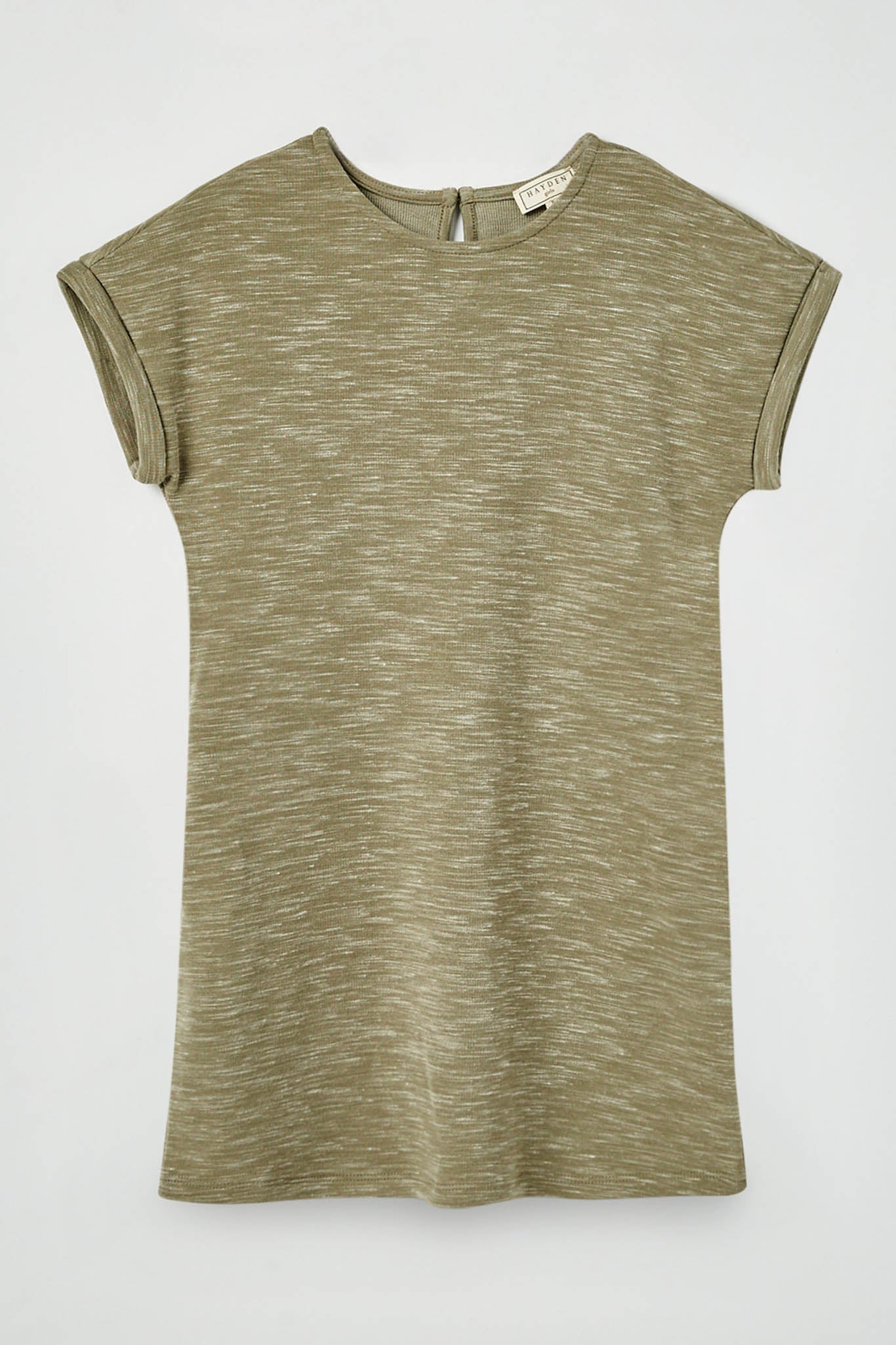 GJ3311 Olive Girls Roll Sleeve Pocketed Slub Knit Mini Dress Flat Front