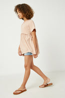GJ3320 Blush Girls Short Sleeve Raw Edge Knit Peplum Top Side