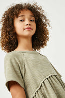 GJ3320 Olive Girls Short Sleeve Raw Edge Knit Peplum Top Close Up