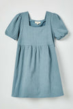 GJ3324 Light Blue Girls Textured Rib Square Neck Knit Tunic Dress Flat Front