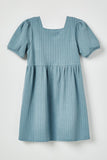 GJ3324 Light Blue Girls Textured Rib Square Neck Knit Tunic Dress Flat Back