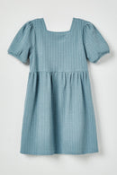 GJ3324 Light Blue Girls Textured Rib Square Neck Knit Tunic Dress Flat Back