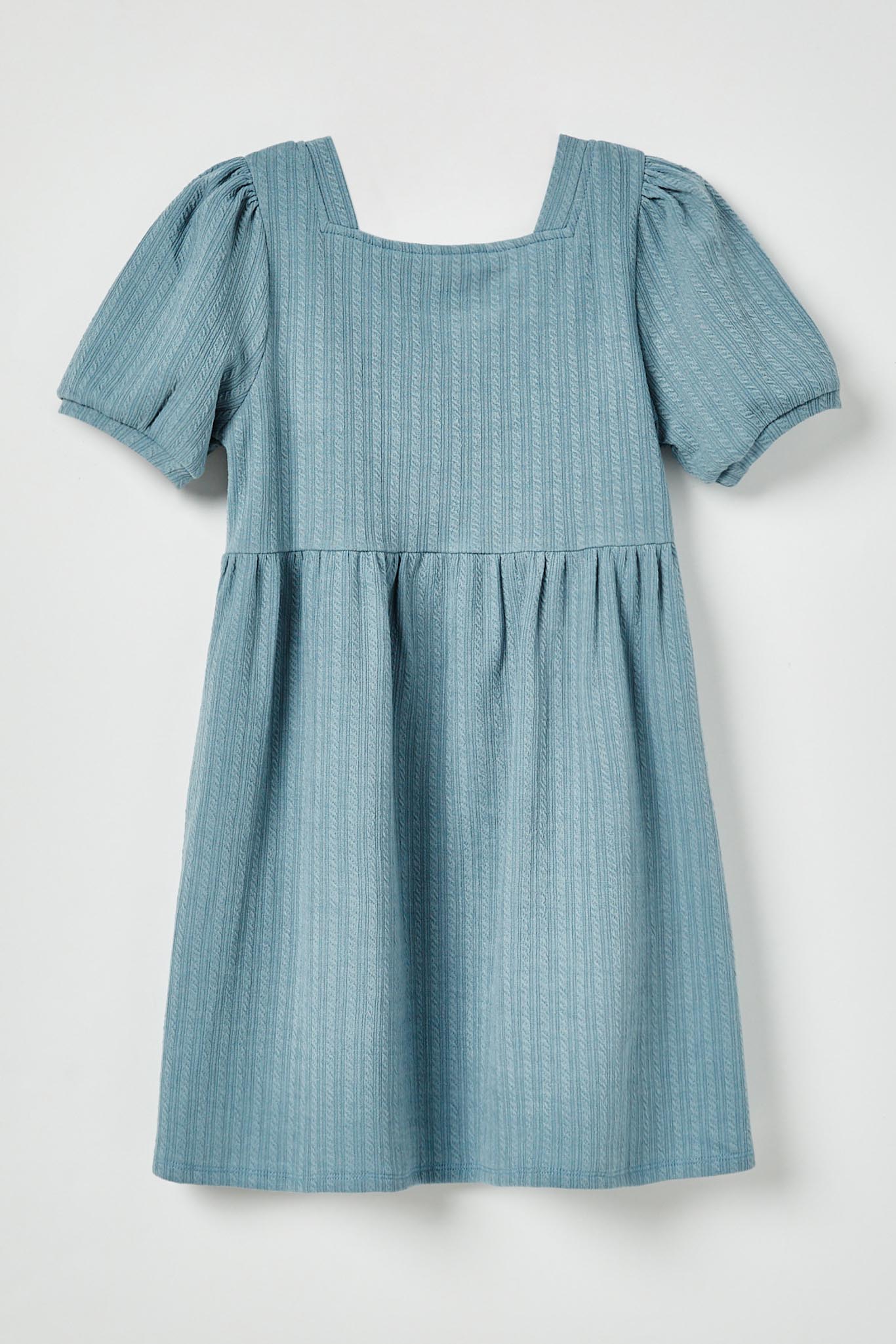 GJ3324 Light Blue Girls Textured Rib Square Neck Knit Tunic Dress Flat Back