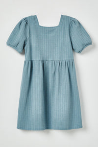 GJ3324 Light Blue Girls Textured Rib Square Neck Knit Tunic Dress Flat Back