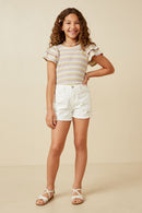 GJ3329 White Denim Girls Distressed Washed Color Denim Shorts Full Body