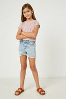 GJ3330 LIGHT_DENIM Girls Frayed Distressed Denim Shorts Full Body