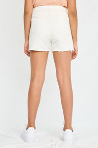 GJ3330 WHITE DENIM Girls Frayed Distressed Denim Shorts Back