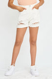 GJ3330 WHITE DENIM Girls Frayed Distressed Denim Shorts Alt Front