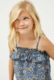 GJ3331 Blue Girls Smocked Floral Print Ruffle Top Close Up