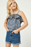 GJ3331 Blue Girls Smocked Floral Print Ruffle Top Front