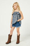 GJ3331 Blue Girls Smocked Floral Print Ruffle Top Full Body