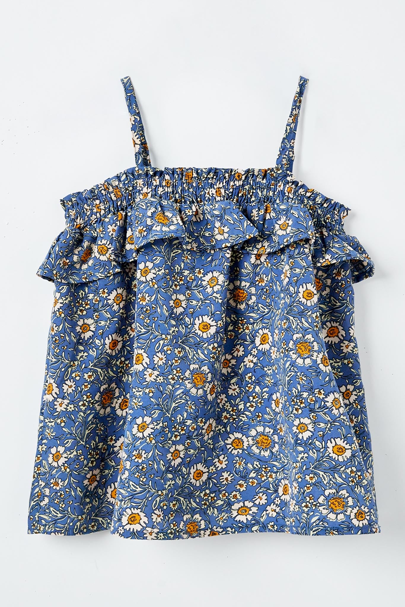 GJ3331 Blue Girls Smocked Floral Print Ruffle Top Flat Front