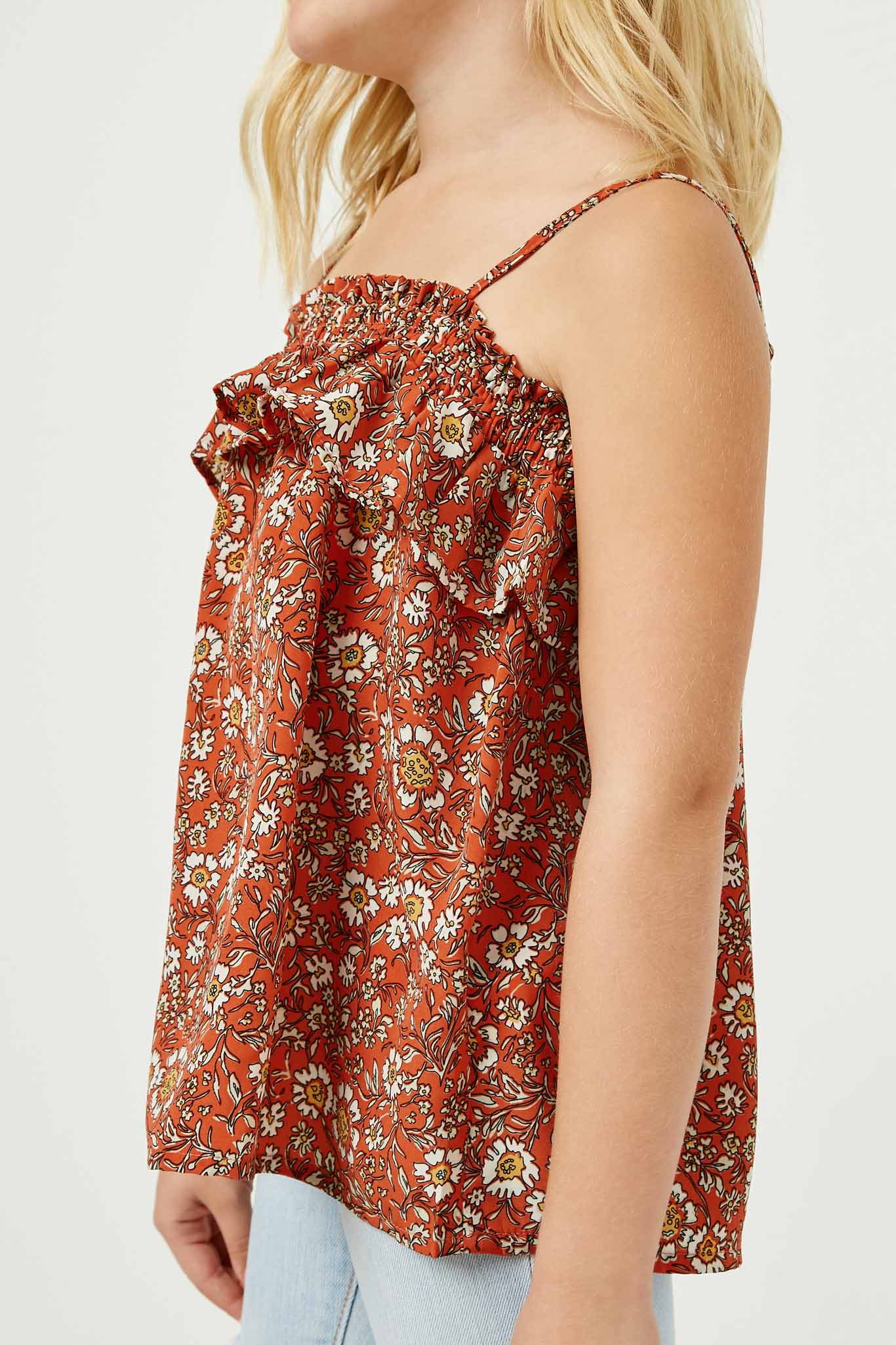 GJ3331 Coral Girls Smocked Floral Print Ruffle Top Detail